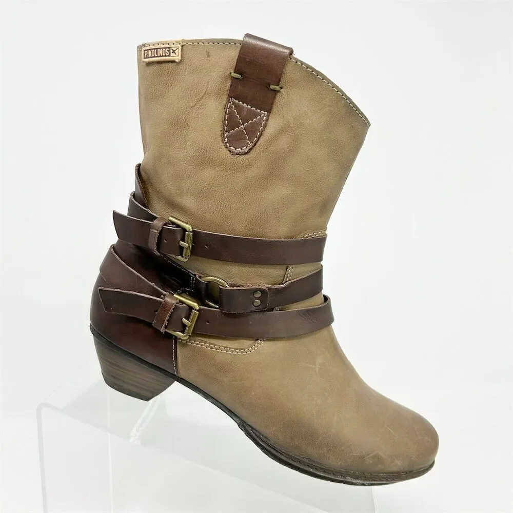 Pikolinos Women's Brown Leather Western Buckle Strap Heeled Ankle Boots Size 38